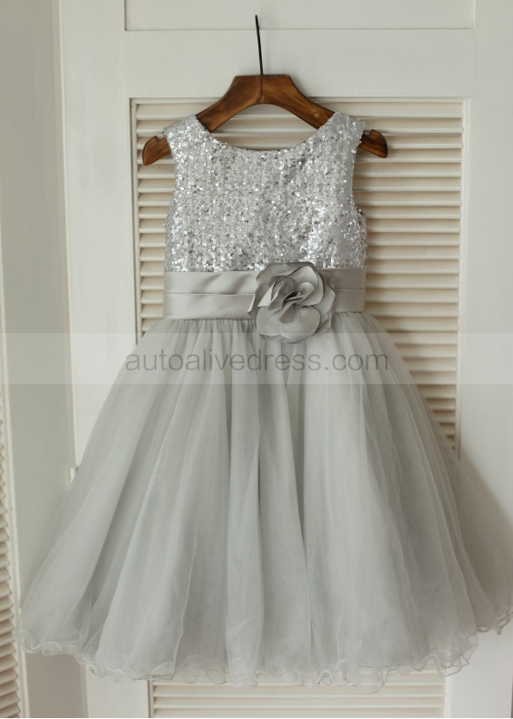 Silver Sequin Gray Tulle Flower Girl Dress With Flower Sash